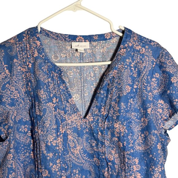 J. Jill Love Linen Blue & Pink Floral Patterned V-Neck Pleated Dress Size XL - Picture 2 of 9